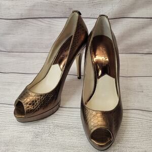 Michael Kors Metallic Bronze Snake Print Peep Toe Stiletto Heels, 7